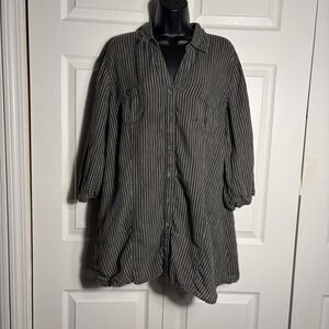 Maddison 100% Linen Shirt Women 46/XL Olive Green Striped Button Up Half Sleeve